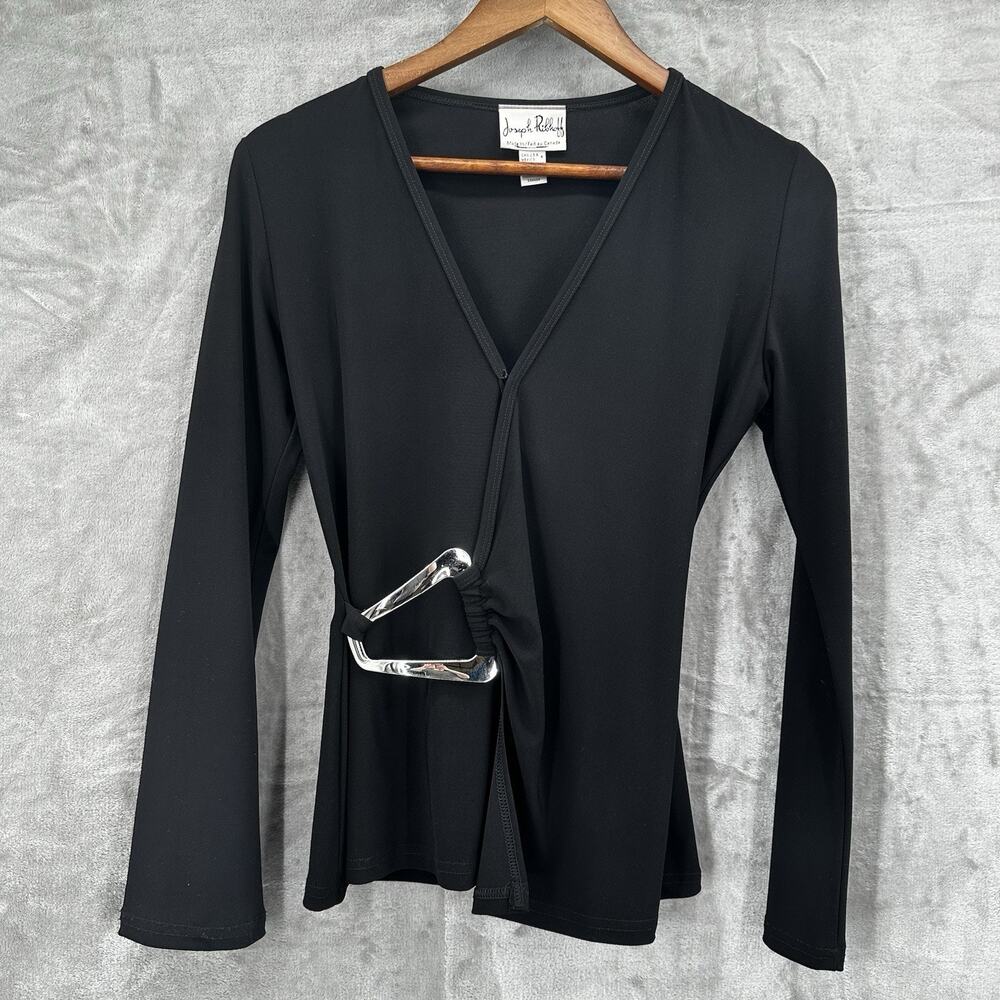 Joseph‎ Ribkoff Top Shirt Tunic Womens 4 Black Slinky Capslue Faux Wrap Dressy